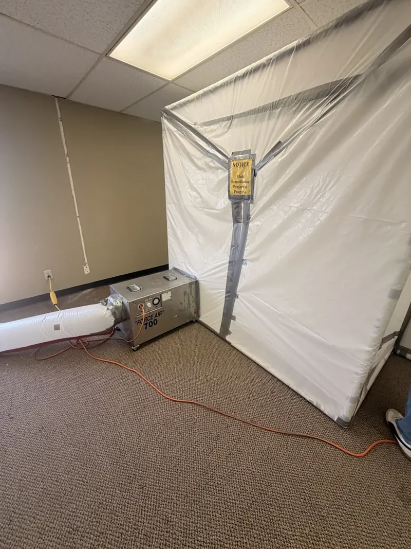 Sealed plastic containment with a negative-air machine set up for mold remediation