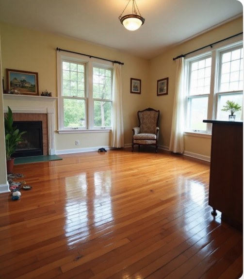 Living room water damage, fully restored - after